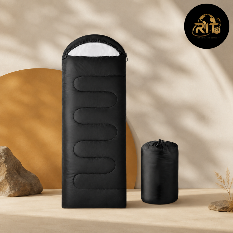 RIT Store black sleeping bag with portable storage bag